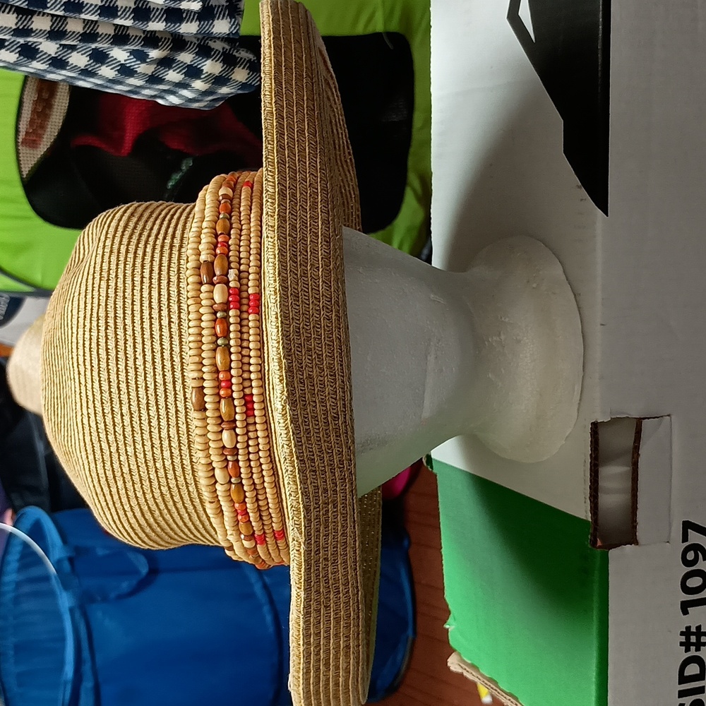 Designer Sun N Sand straw Hat w bead sequin band 1 size $34+free scarf or Hat. - Picture 1 of 16